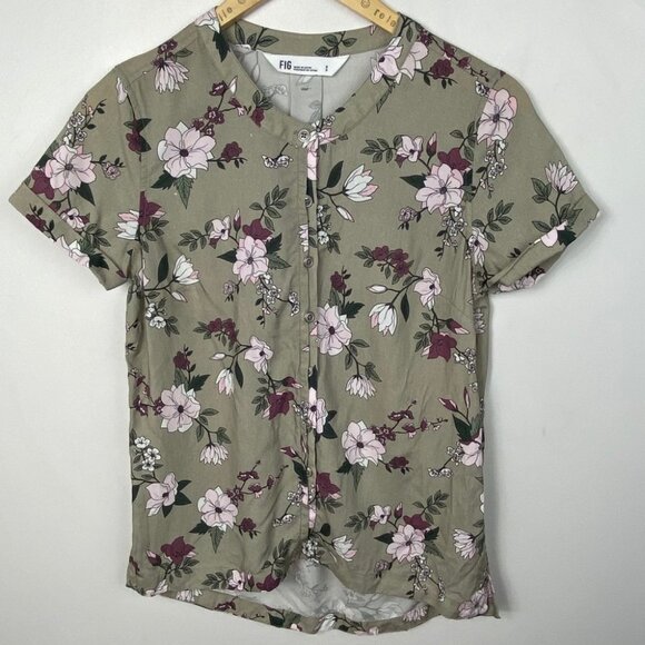 FIG Vog Blouse Floral Lyocell Tan Small Button Up Size Small Short Sleeve Top - Picture 8 of 9